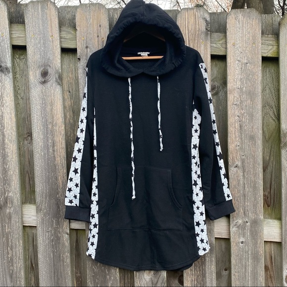 NEW Long Black Pocket Tunic Sweatshirt Hoodie with Star Grey Side Stripe… - Picture 2 of 5